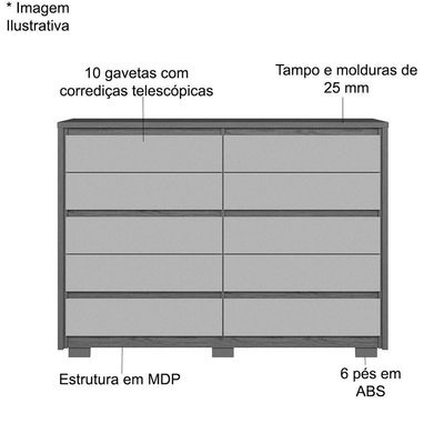 Cômoda Grande 10 Gavetas e Pés Mdp Duello Branco