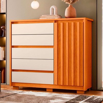 Cômoda Ripada Sapateira 5 Gavetas 1 Porta Duello Cinamomo Off White