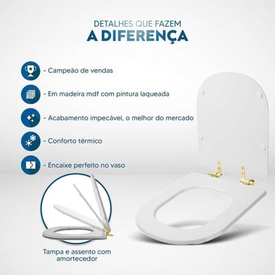 Assento Sanitário Com Fechamento Lento Vogue Plus Creme Para Vaso Deca Com Ferragem Dourada