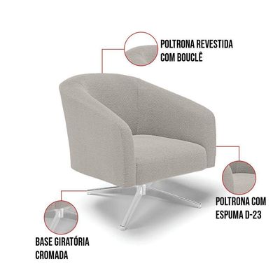 Poltrona Decorativa Base Giratória Cromada Stella Bouclê Cinza D03 - D'rossi