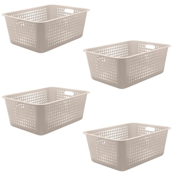 Kit 4 Caixas Organizadoras 40l Maxi Bege Cesto Plástico com Alça Lateral Multiuso Organizador Ou