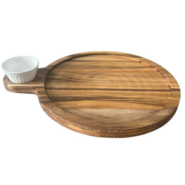 Kit 12 Tábuas Teca para Servir com Cabo Ramekin 30ml Churrasco Aperitivos Bar Zanline