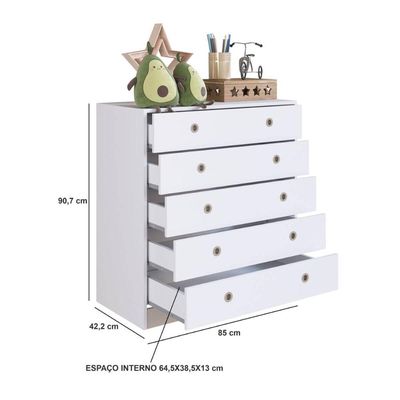Cômoda Infantil 5 Gavetas Branca MDP Amore Meu Fofinho Quarto Art In Móveis