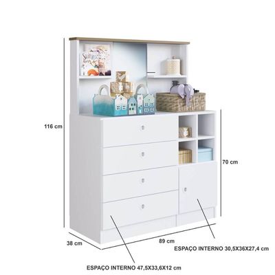Cômoda Infantil Branca com 4 Gavetas 1 Porta e Espelho House MDP Art In Móveis