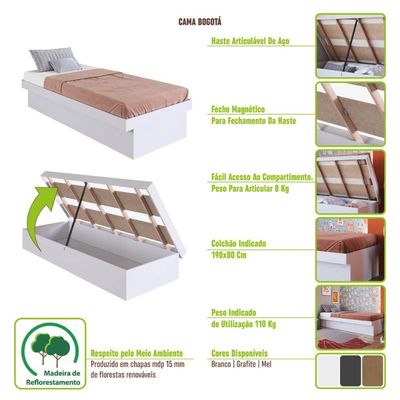 Cama Solteiro Box Baú Bogotá Organizador para Travesseiros Cobertores MDP Branco