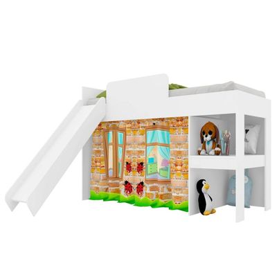 Cama Infantil Branca Cabaninha com Escorregador Playground MDP Escada Prateleira