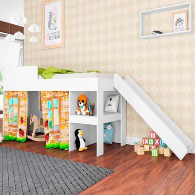 Cama Infantil Branca Cabaninha com Escorregador Playground MDP Escada Prateleira