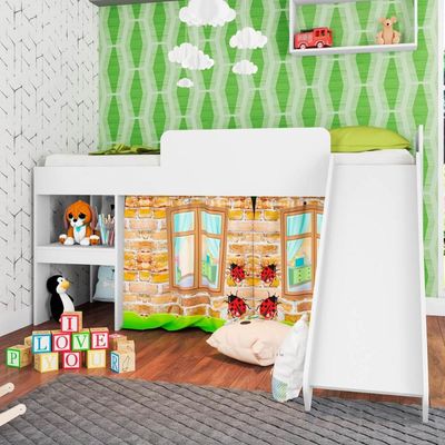 Cama Infantil Branca Cabaninha com Escorregador Playground MDP Escada Prateleira