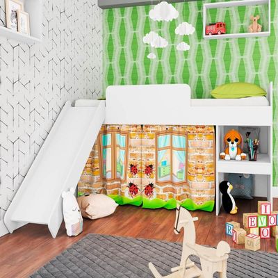 Cama Infantil Branca Cabaninha com Escorregador Playground MDP Escada Prateleira
