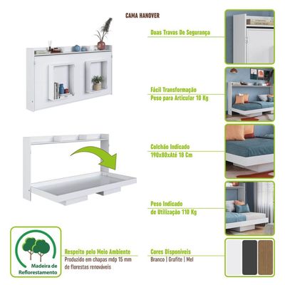 Cama de Solteiro Articulável Horizontal Mel Hanover MDP Dobrável Decoração Art In Móveis