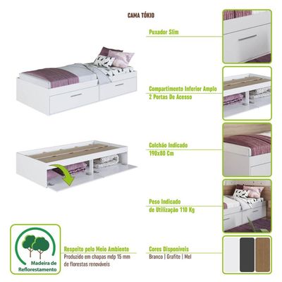 Cama de Solteiro Branca com 2 Portas Basculantes Organizadoras MDP Tókio Art In Móveis