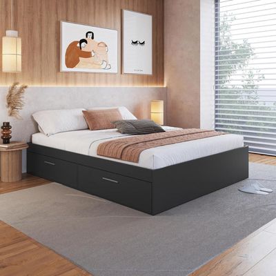Cama de Casal Queen Grafite com 4 Portas Basculantes Organizadoras MDP Tókio Art In Móveis