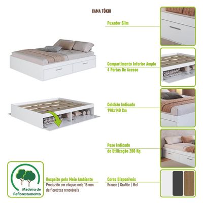 Cama de Casal Mel com 4 Portas Basculantes Organizadoras MDP Tókio Art In Móveis