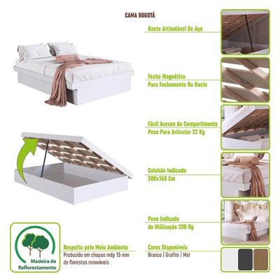 Cama de Casal Queen Mel com Box Baú MDP Bogotá Organizador Cobertores Travesseiros