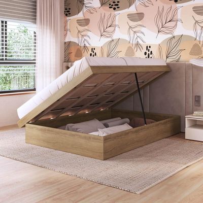 Cama de Casal Queen Mel com Box Baú MDP Bogotá Organizador Cobertores Travesseiros