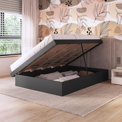 Cama Casal com Box Baú Grafite MDP Bogotá Organizador Cobertores Travesseiros Art In Móveis