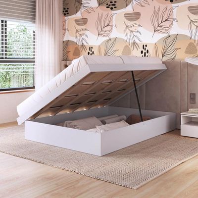 Cama de Casal Queen Branca com Box Baú MDP Bogotá Organizador Cobertores Travesseiros