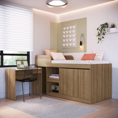Cama Alta Multifuncional Solteiro Mel com Estação De Trabalho MDP Jamaica Art In Móveis
