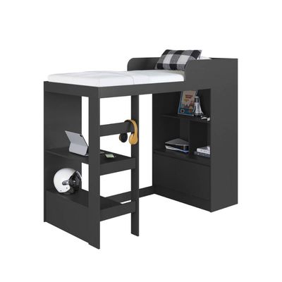 Cama Alta Multifuncional Solteiro Grafite com Estante e Escrivaninha MDP Amsterdam