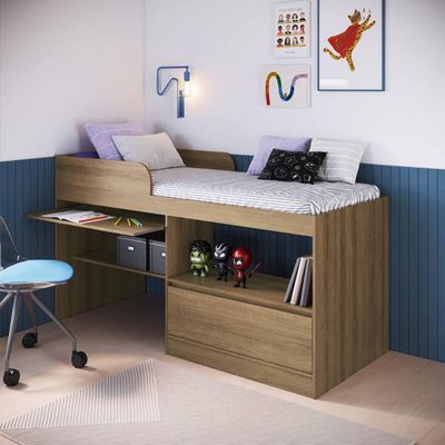 Cama Alta Multifuncional Solteiro Mel com Estação de Trabalho MDP Jacarta Art In Móveis