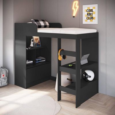 Cama Alta Multifuncional Solteiro Grafite com Estante e Escrivaninha MDP Amsterdam