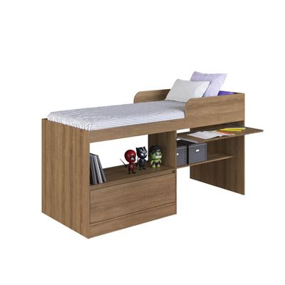 Cama Alta Multifuncional Solteiro Mel com Estação de Trabalho MDP Jacarta Art In Móveis