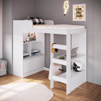 Cama Alta Multifuncional Solteiro Branco com Estante e Escrivaninha MDP Amsterdam