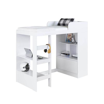 Cama Alta Multifuncional Solteiro Branco com Estante e Escrivaninha MDP Amsterdam