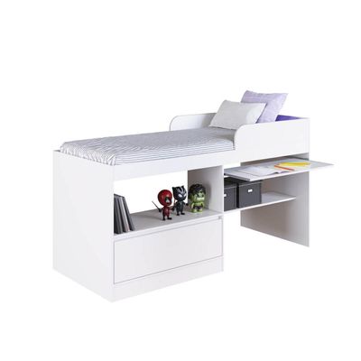 Cama Alta Multifuncional Solteiro Branco com Estação de Trabalho MDP Jacarta Art In Móveis
