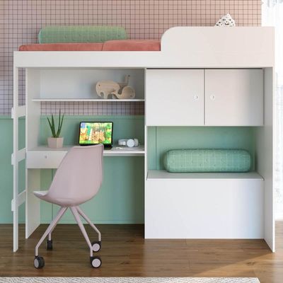 Cama Alta Multifuncional Branca com Baú Estação de Trabalho e Escada Lion Art In Móveis