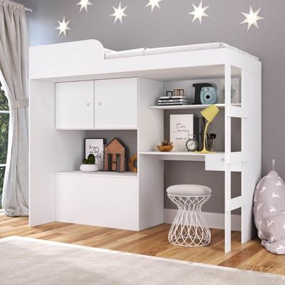 Cama Alta Multifuncional Branca com Baú Estação de Trabalho e Escada Lion Art In Móveis