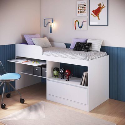 Cama Alta Multifuncional Solteiro Branco com Estação de Trabalho MDP Jacarta Art In Móveis