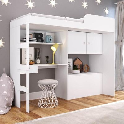 Cama Alta Multifuncional Branca com Baú Estação de Trabalho e Escada Lion Art In Móveis