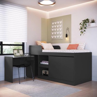 Cama Alta Multifuncional Solteiro Grafite com Estação De Trabalho MDP Jamaica Art In Móveis