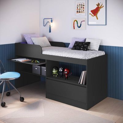 Cama Alta Multifuncional Solteiro com Estação de Trabalho Grafite MDP Jacarta Art In Móveis