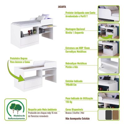 Cama Alta Multifuncional Solteiro com Estação de Trabalho Grafite MDP Jacarta Art In Móveis