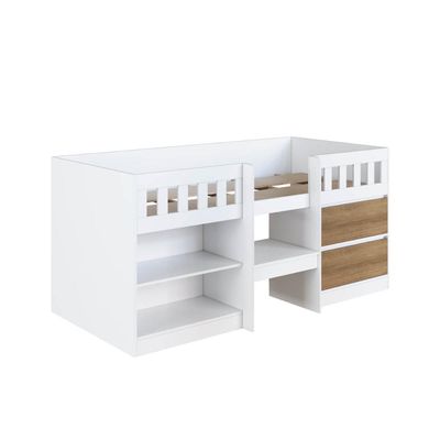 Cama Alta Infantil Branco e Mel com Portas Prateleiras MDP Ilha Bela Art In Móveis