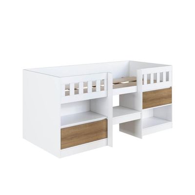 Cama Alta Infantil Branco e Mel com Portas Prateleiras MDP Ilha Bela Art In Móveis