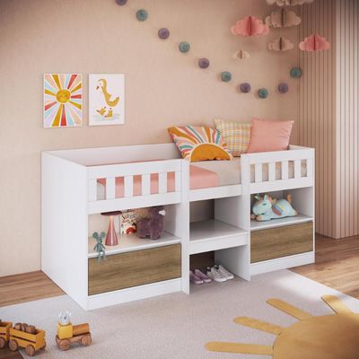 Cama Alta Infantil Branco e Mel com Portas Prateleiras MDP Ilha Bela Art In Móveis