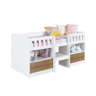 Cama Alta Infantil Branco e Mel com Portas Prateleiras MDP Ilha Bela Art In Móveis