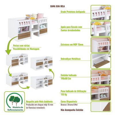 Cama Alta Infantil Branco e Mel com Portas Prateleiras MDP Ilha Bela Art In Móveis