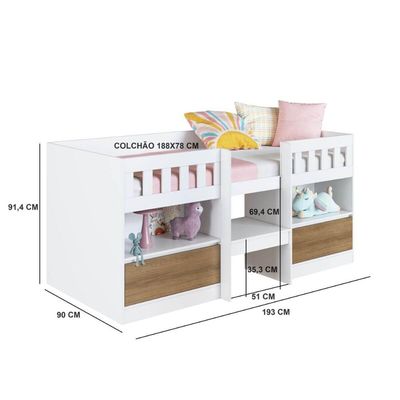 Cama Alta Infantil Branco e Mel com Portas Prateleiras MDP Ilha Bela Art In Móveis