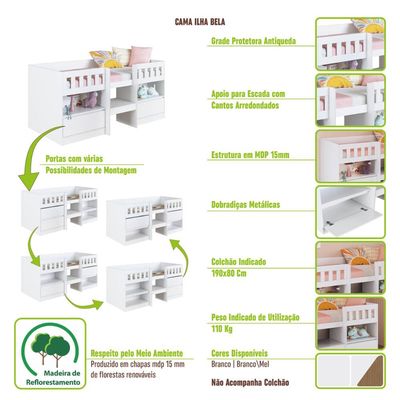 Cama Alta Infantil Branco com Portas Prateleiras MDP Ilha Bela Art In Móveis