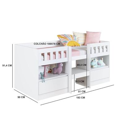 Cama Alta Infantil Branco com Portas Prateleiras MDP Ilha Bela Art In Móveis