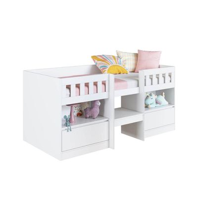 Cama Alta Infantil Branco com Portas Prateleiras MDP Ilha Bela Art In Móveis