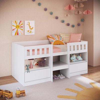 Cama Alta Infantil Branco com Portas Prateleiras MDP Ilha Bela Art In Móveis