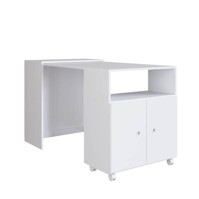 Balcão Organizador Multiuso com Mesa Recolhível e Rodízios Funcionale Branco Escritório Cozinha