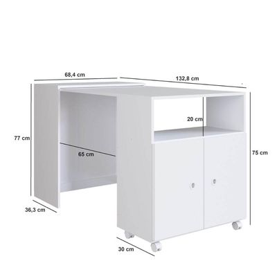 Balcão Organizador Multiuso com Mesa Recolhível e Rodízios Funcionale Branco Escritório Cozinha