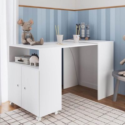 Balcão Organizador Multiuso com Mesa Recolhível e Rodízios Funcionale Branco Escritório Cozinha