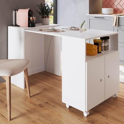 Balcão Organizador Multiuso com Mesa Recolhível e Rodízios Funcionale Branco Escritório Cozinha